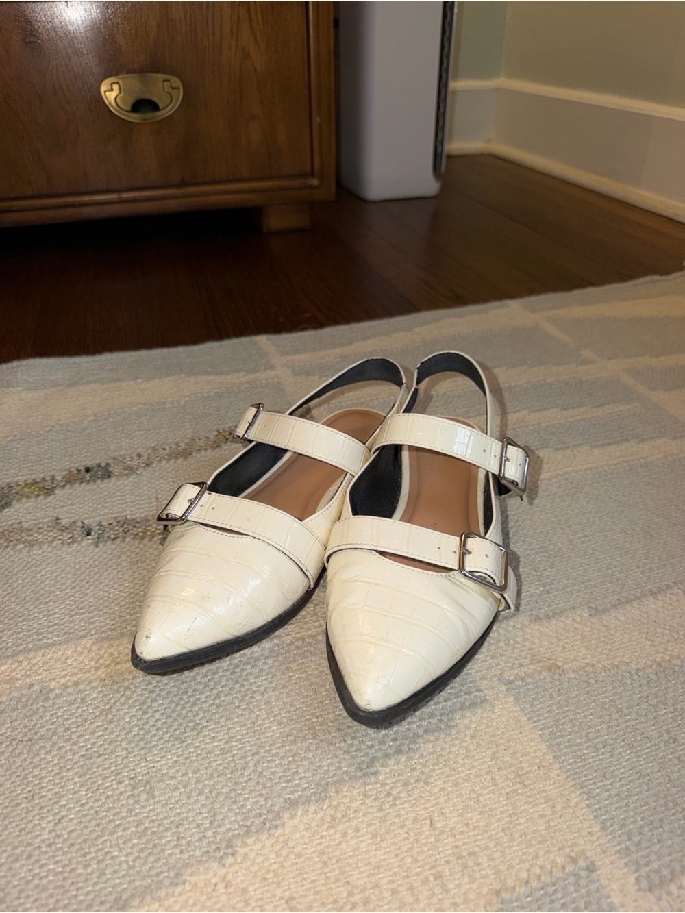 Old Navy Cream Croc-Embossed Pointed Slingback Flats with Dual Buckles